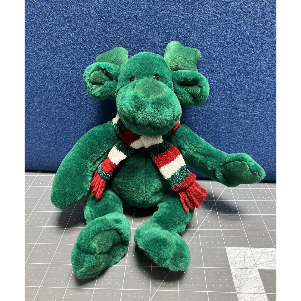Commonwealth Christmas Reindeer Plush Stuffed Animal 11" Green Scarf Stripes